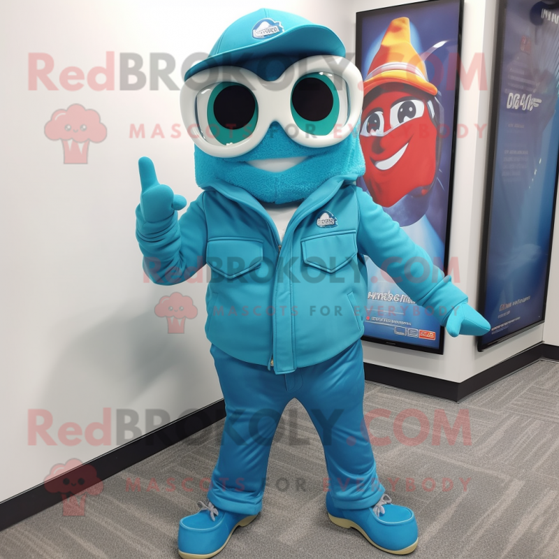 Turquoise Ice mascot costume character dressed with a Bootcut Jeans and Eyeglasses Turquoise Ice mascot costume character dressed with a Bootcut Jeans and Eyeglasses