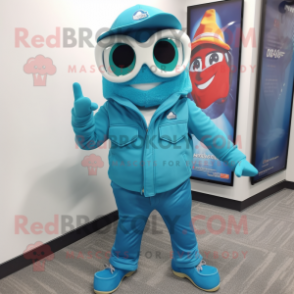 Turquoise Ice mascot costume character dressed with a Bootcut Jeans and Eyeglasses