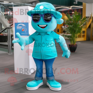 Turquoise Ice mascot costume character dressed with a Bootcut Jeans and Eyeglasses