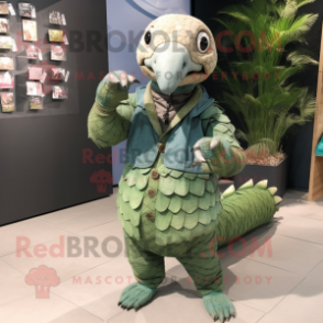 Green Pangolin mascot costume character dressed with a Chambray Shirt and Bracelets