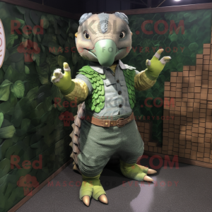 Green Pangolin mascot costume character dressed with a Chambray Shirt and Bracelets