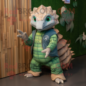 Green Pangolin mascot costume character dressed with a Chambray Shirt and Bracelets