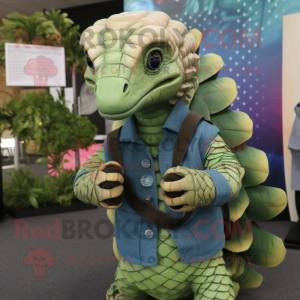 Green Pangolin mascot costume character dressed with a Chambray Shirt and Bracelets