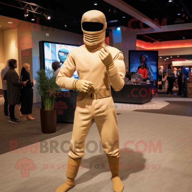 Beige Gi Joe mascot costume character dressed with a Turtleneck and Bracelets