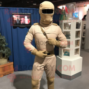 Beige Gi Joe mascot costume character dressed with a Turtleneck and Bracelets