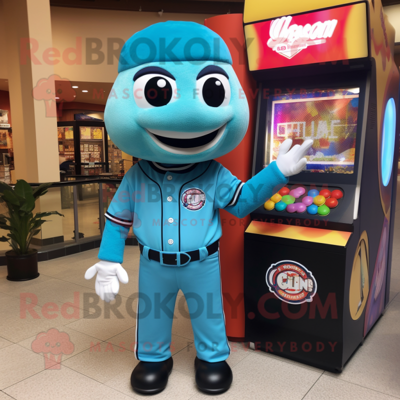 Turquoise Gumball Machine mascot costume character dressed with a Baseball Tee and Gloves