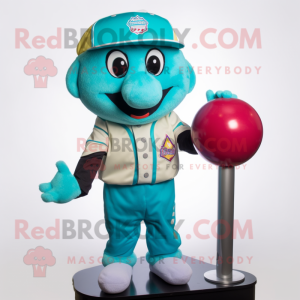 Turquoise Gumball Machine mascot costume character dressed with a Baseball Tee and Gloves