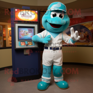 Turquoise Gumball Machine mascot costume character dressed with a Baseball Tee and Gloves