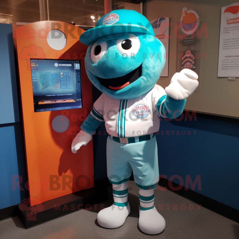 Turquoise Gumball Machine mascot costume character dressed with a Baseball Tee and Gloves