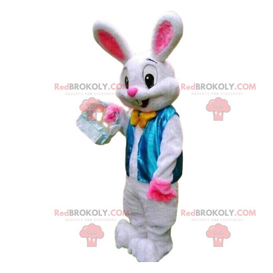 White rabbit costume with a blue vest and a bow tie -