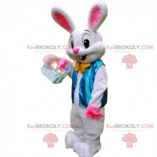 White rabbit costume with a blue vest and a bow tie -
