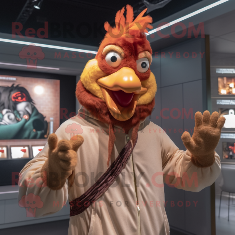 Tan Rooster mascot costume character dressed with a Hoodie and Bracelets