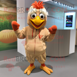 Tan Rooster mascot costume character dressed with a Hoodie and Bracelets