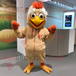 Tan Rooster mascot costume character dressed with a Hoodie and Bracelets