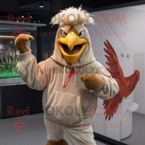 Tan Rooster mascot costume character dressed with a Hoodie and Bracelets