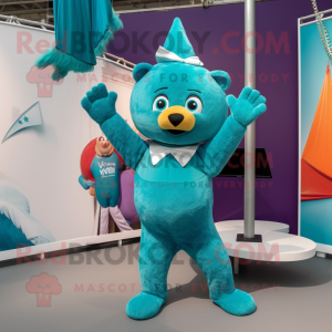 Teal Trapeze Artist mascot costume character dressed with a V-Neck Tee and Mittens