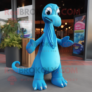 Blue Brachiosaurus mascot costume character dressed with a Hoodie and Bow ties