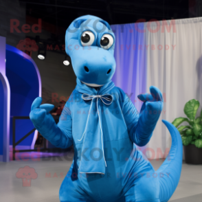 Blue Brachiosaurus mascot costume character dressed with a Hoodie and Bow ties