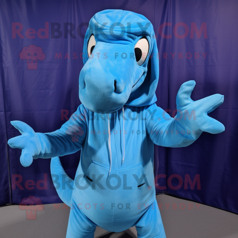 Blue Brachiosaurus mascot costume character dressed with a Hoodie and Bow ties