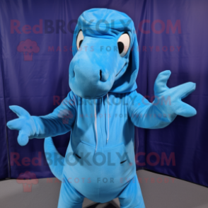 Blue Brachiosaurus mascot costume character dressed with a Hoodie and Bow ties