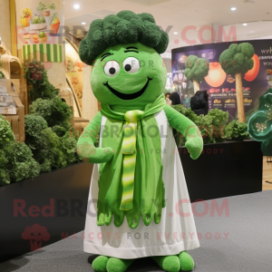 Green Broccoli mascot costume character dressed with a Dress Shirt and Scarves