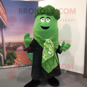 Green Broccoli mascot costume character dressed with a Dress Shirt and Scarves