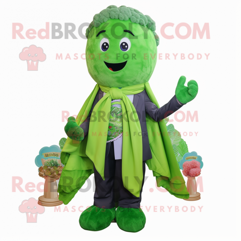 Green Broccoli mascot costume character dressed with a Dress Shirt and Scarves