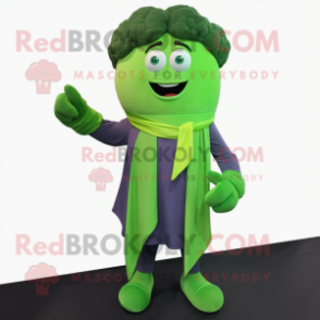 Green Broccoli mascot costume character dressed with a Dress Shirt and Scarves
