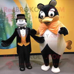 Gold Salmon mascot costume character dressed with a Tuxedo and Mittens