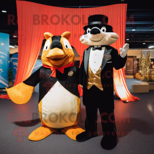 Gold Salmon mascot costume character dressed with a Tuxedo and Mittens