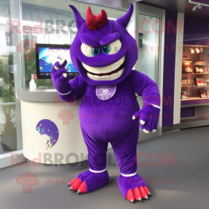 Purple Demon mascot costume character dressed with a Dress Pants and Bracelet watches