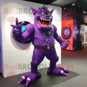 Purple Demon mascot costume character dressed with a Dress Pants and Bracelet watches