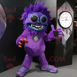 Purple Demon mascot costume character dressed with a Dress Pants and Bracelet watches