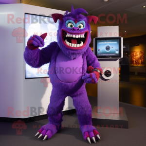 Purple Demon mascot costume character dressed with a Dress Pants and Bracelet watches