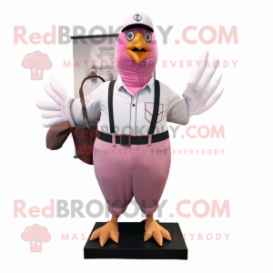 Pink Pigeon mascot costume character dressed with a Henley Shirt and Suspenders
