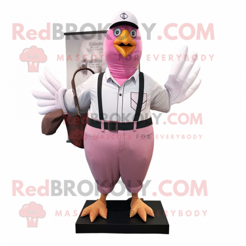 Pink Pigeon mascot costume character dressed with a Henley Shirt and Suspenders Pink Pigeon mascot costume character dressed with a Henley Shirt and Suspenders