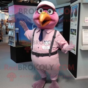 Pink Pigeon mascot costume character dressed with a Henley Shirt and Suspenders