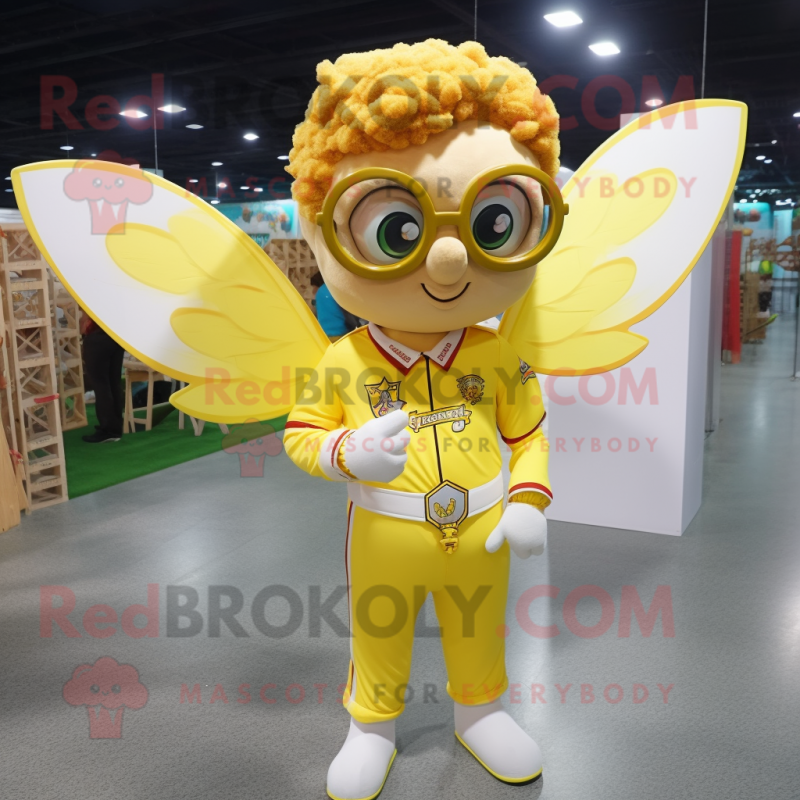Yellow Cupid mascot costume character dressed with a Button-Up Shirt and Reading glasses Yellow Cupid mascot costume character dressed with a Button-Up Shirt and Reading glasses