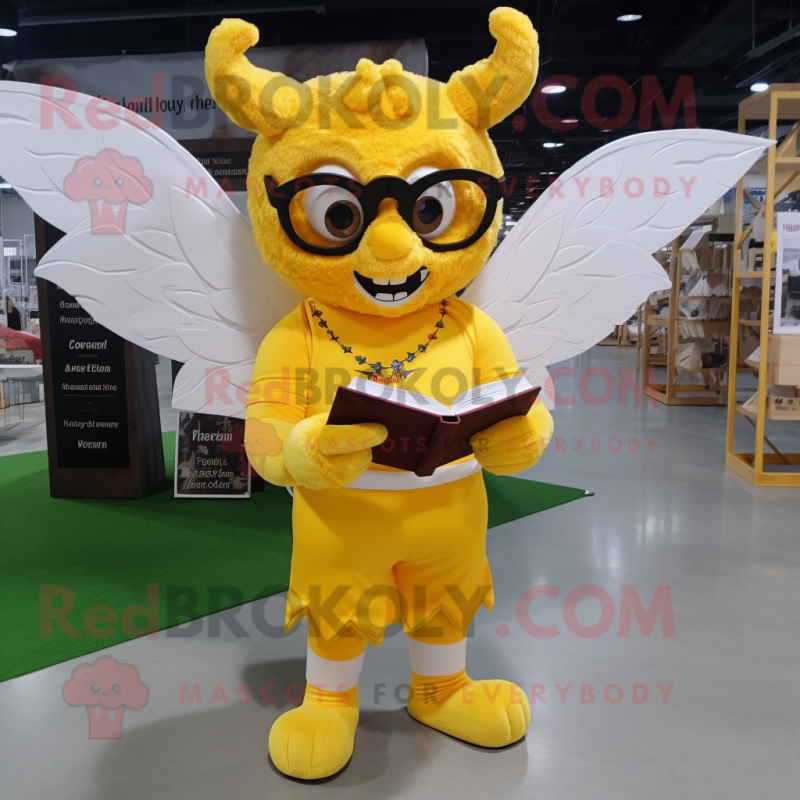 Yellow Cupid mascot costume character dressed with a Button-Up Shirt and Reading glasses