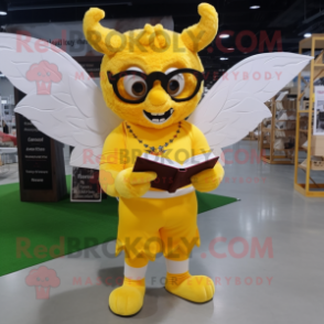 Yellow Cupid mascot costume character dressed with a Button-Up Shirt and Reading glasses