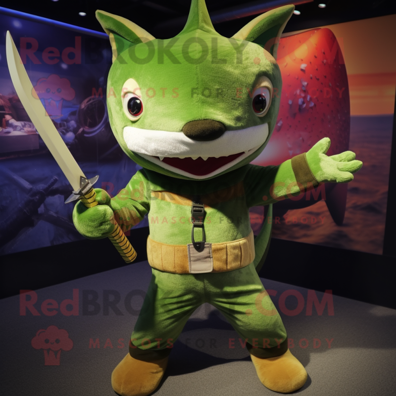 Green Swordfish mascot costume character dressed with a Corduroy Pants and Hairpins Green Swordfish mascot costume character dressed with a Corduroy Pants and Hairpins