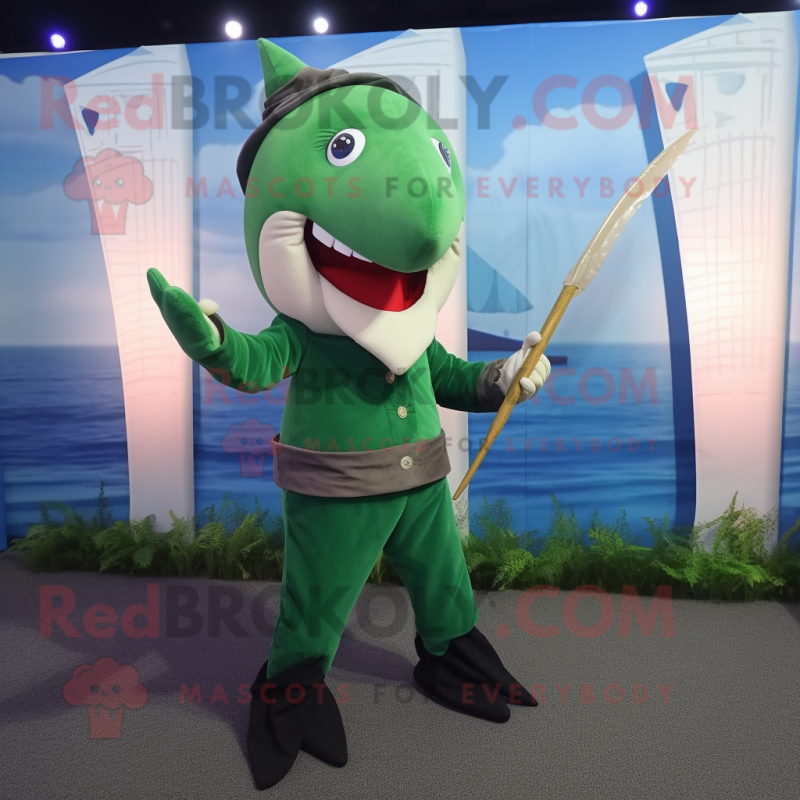 Green Swordfish mascot costume character dressed with a Corduroy Pants and Hairpins