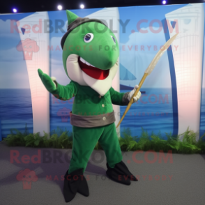 Green Swordfish mascot costume character dressed with a Corduroy Pants and Hairpins