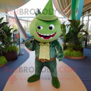 Green Swordfish mascot costume character dressed with a Corduroy Pants and Hairpins