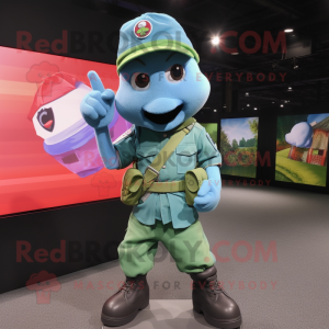 Sky Blue Green Beret mascot costume character dressed with a Boyfriend Jeans and Berets