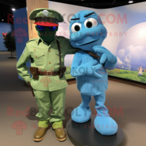 Sky Blue Green Beret mascot costume character dressed with a Boyfriend Jeans and Berets