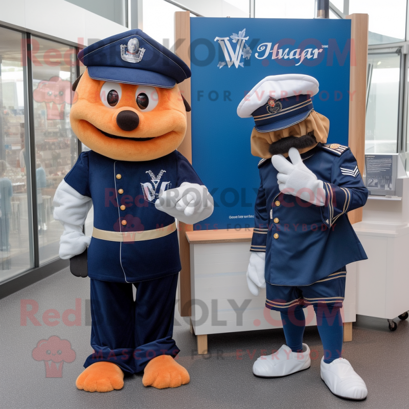 Navy Scarecrow mascot costume character dressed with a V-Neck Tee and Watches Navy Scarecrow mascot costume character dressed with a V-Neck Tee and Watches