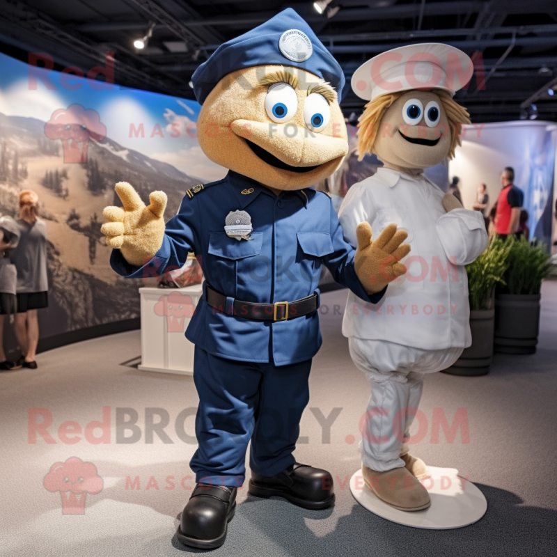 Navy Scarecrow mascot costume character dressed with a V-Neck Tee and Watches