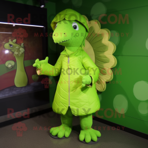 Lime Green Pangolin mascot costume character dressed with a Raincoat and Shoe clips