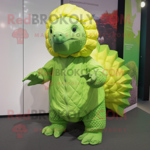 Lime Green Pangolin mascot costume character dressed with a Raincoat and Shoe clips